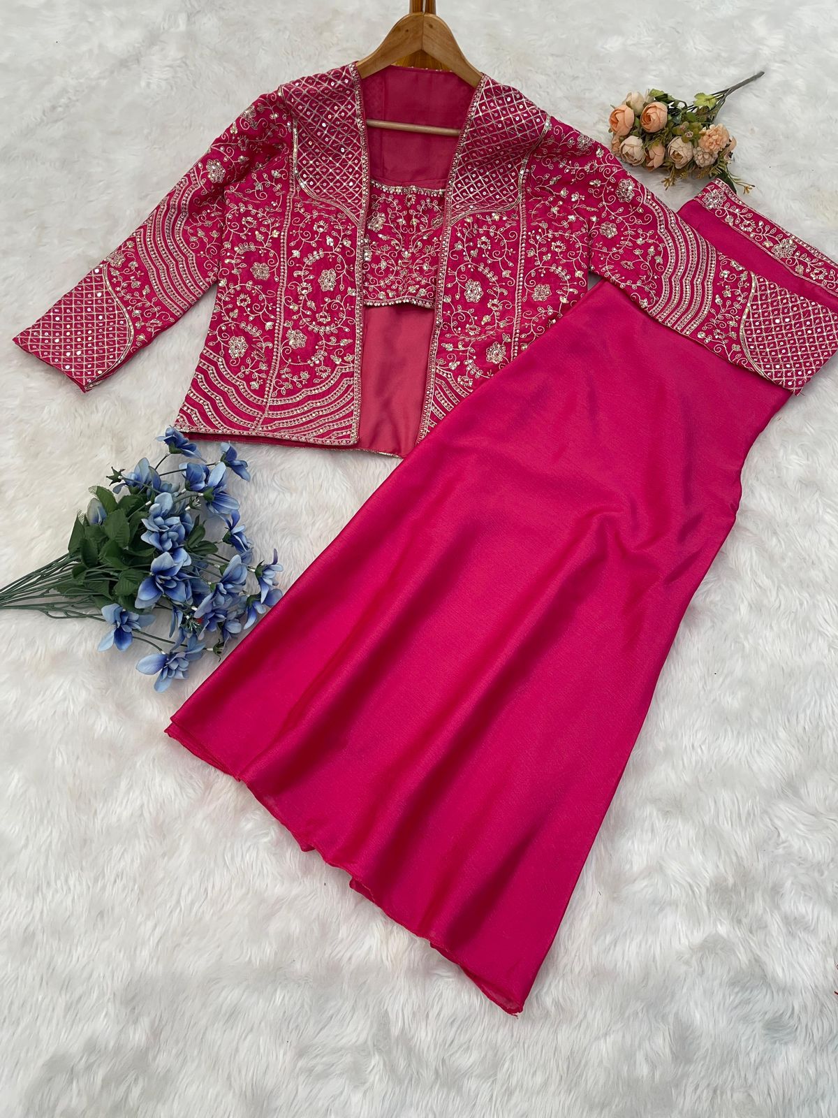 Elegant Rani Pink Embroidered Palazzo Koti Blouse Set in Chinon Silk