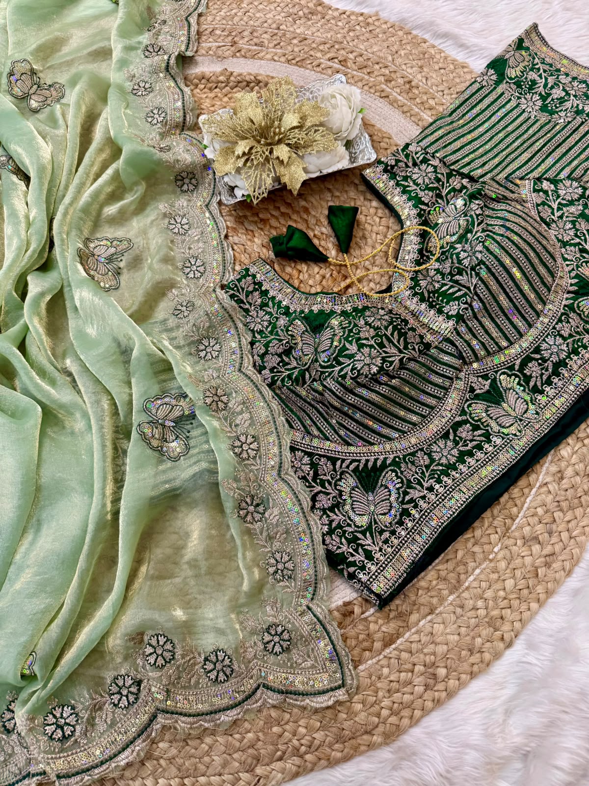 Sabyasachi Inspired Space Silk Saree with Butterfly Embroidery & Stitched Blouse