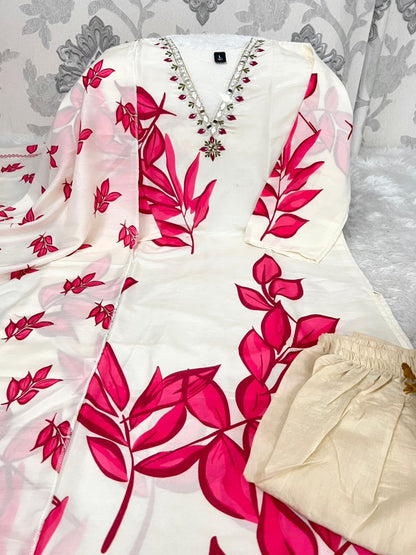 Best Seller Muslin Silk Kurti Pant Dupatta Set | Floral Print | M–4XL