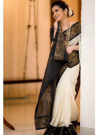 Off White Saree with Black & Gold Classic Border