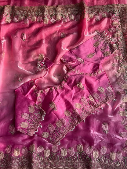 Lotus Soft Fendy Satin Saree With Embroidery Sequence & Thread Work Border