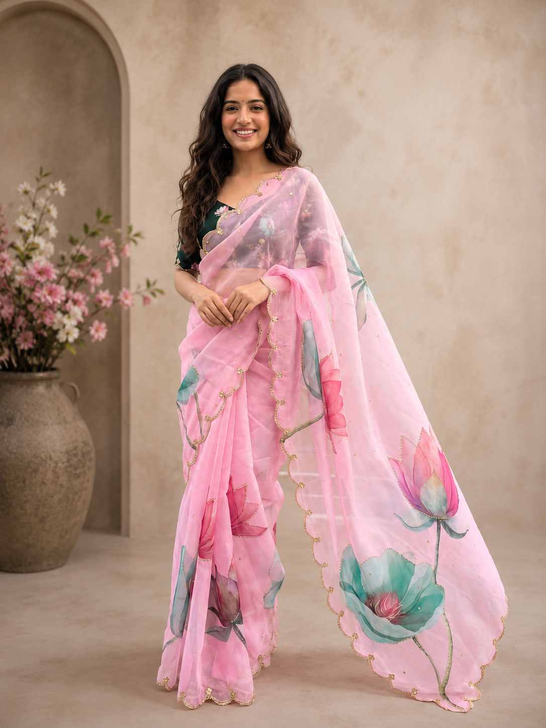 Rosy Soft Teby Silk Floral Print Saree