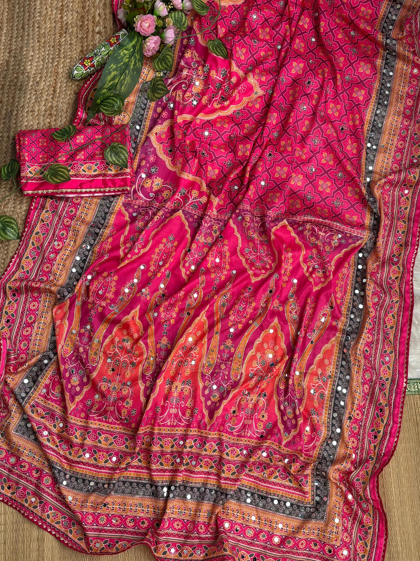 Karigari Soft Chinon Silk Digital Print Saree with Hand Aari Work & 2000+ Real Mirror Work
