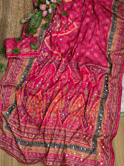 Karigari Soft Chinon Silk Digital Print Saree with Hand Aari Work & 2000+ Real Mirror Work