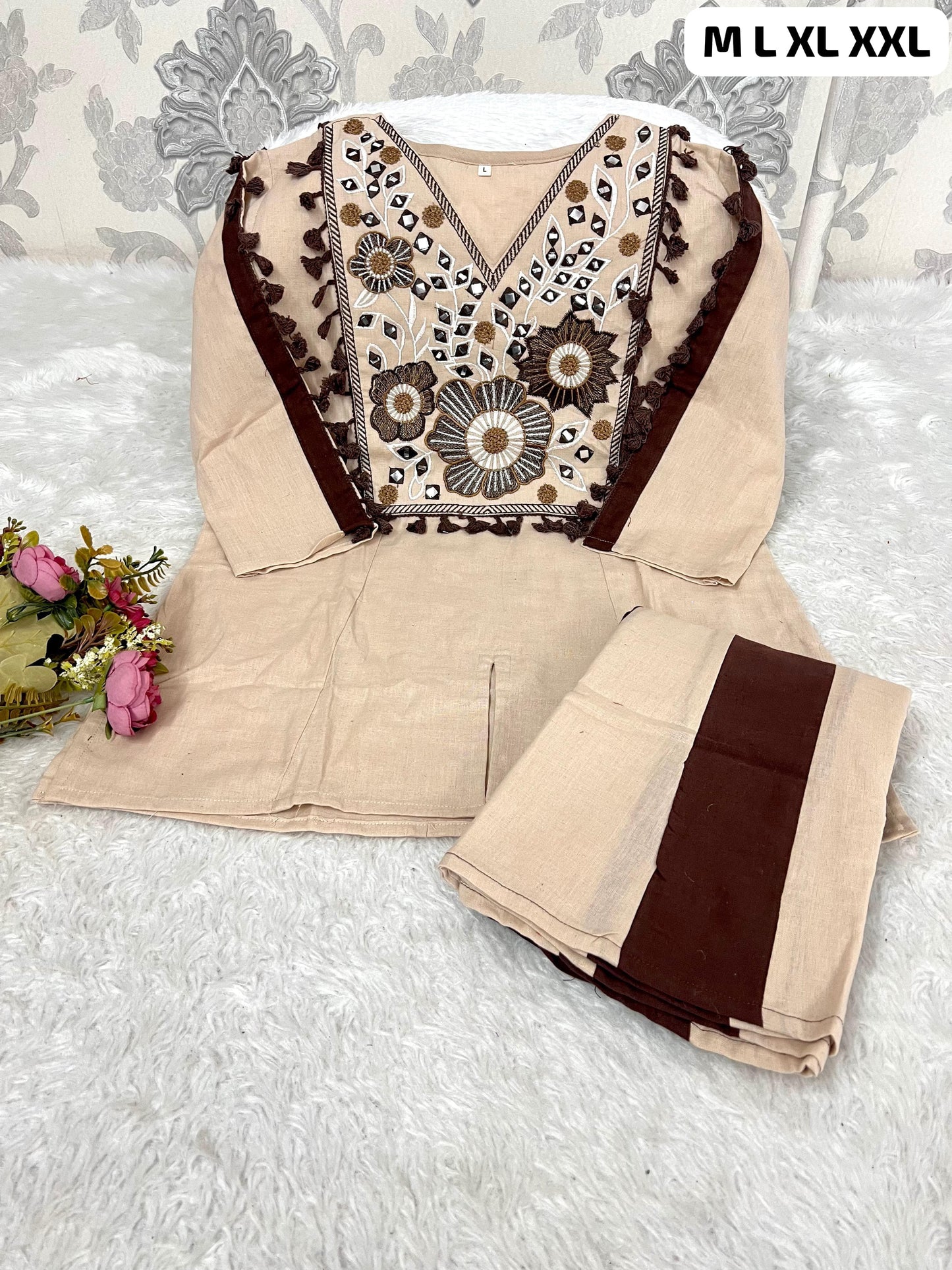 Cotton Natural Flax Mirror Work Cord-Set for Women – Embroidered Designer Top with Palazzo Pant (Cream Brown & Cream Blue)