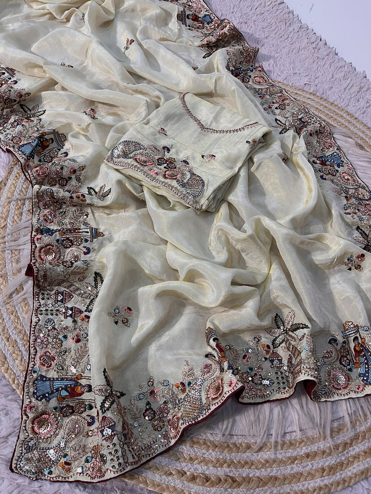 Premium Cosmos Silk Saree with Heavy Thread Embroidery, Zari & Sequin C-Pallu Work