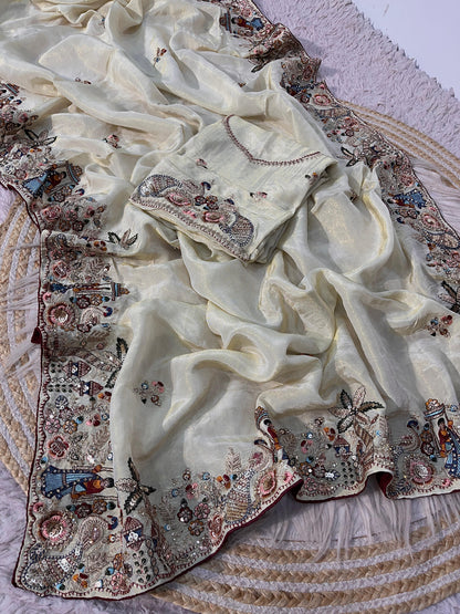 Premium Cosmos Silk Saree with Heavy Thread Embroidery, Zari & Sequin C-Pallu Work