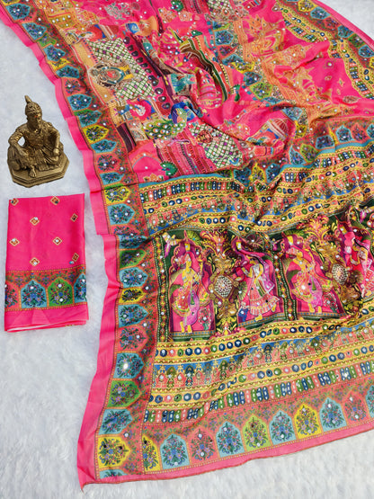 Heavy Masakali Georgette Digital Print Saree with 3000+ Mirror Work