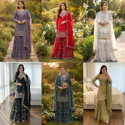 5000 Series Premium JMC Silk Anarkali Sharara Set with Heavy Embroidery & Dupatta