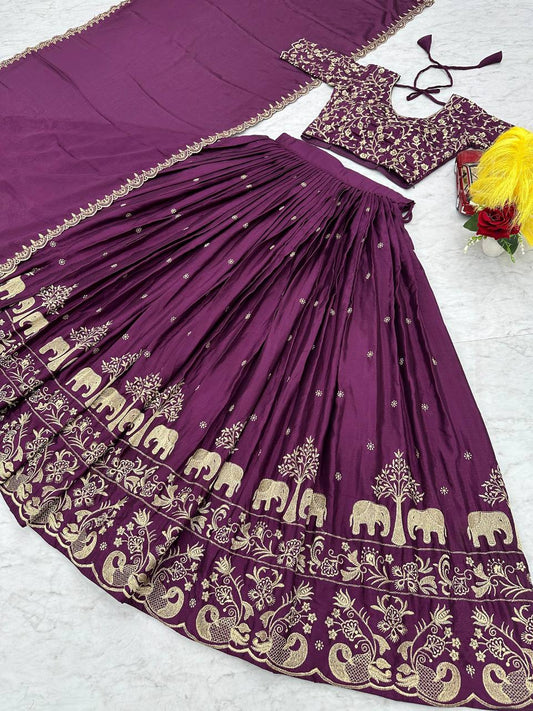 Purple Chinon Embroidered Festival Lehenga Choli Set