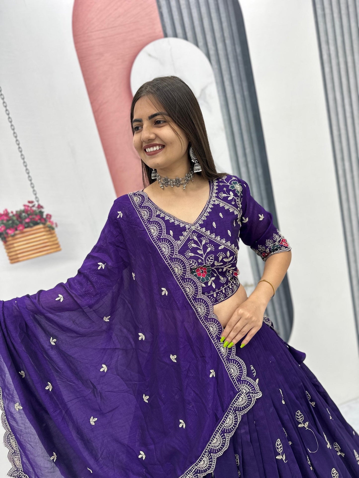 Festival Wear Heavy Embroidery Vichitra Silk Lehenga Choli Set | Red & Purple
