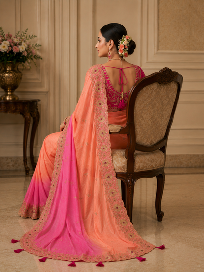 Soft Space Silk Shaded Saree with Hand Mina, Sequins & Zari Embroidery | Full Stitch Blouse