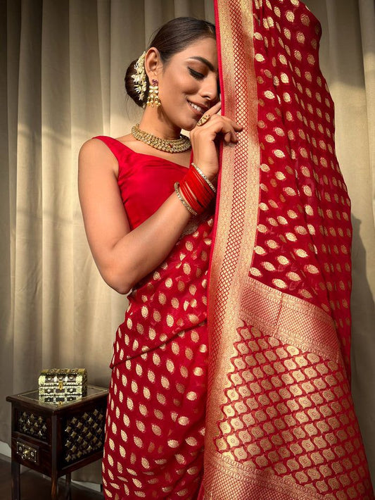Red Gold Buti Saree