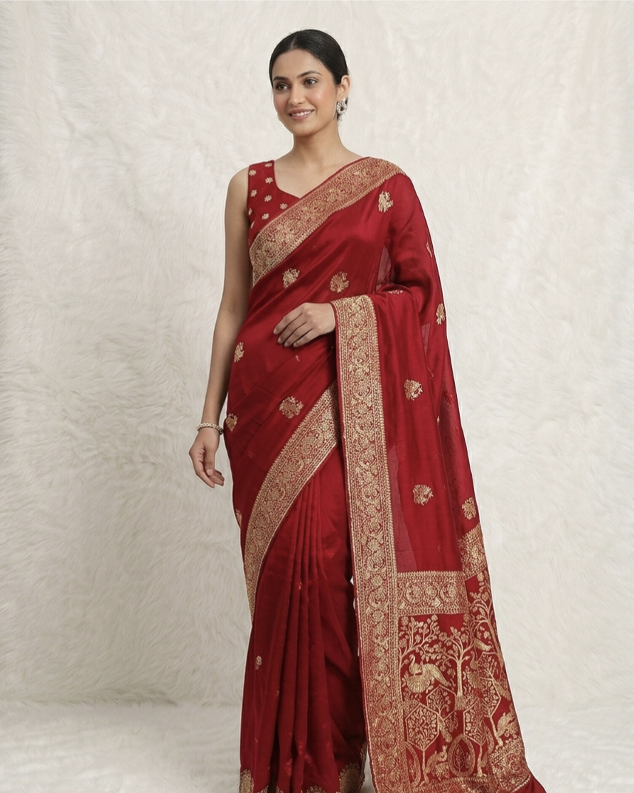 Elegant Red Silk Saree with Rich Zari Border & Designer Pallu