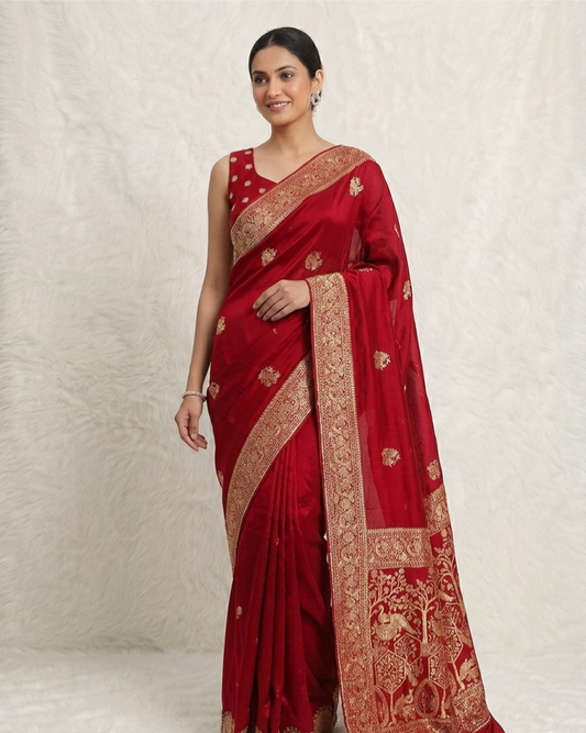 Elegant Red Silk Saree with Rich Zari Border & Designer Pallu