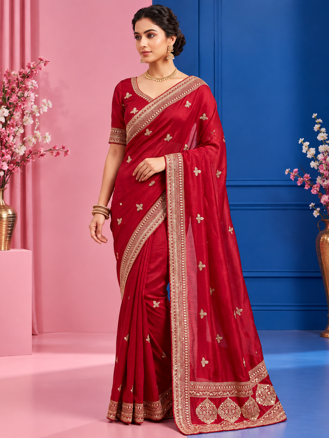 Premium Vichitra Silk Saree with Heavy Zari Sequins Work, Butti & Cutwork Border