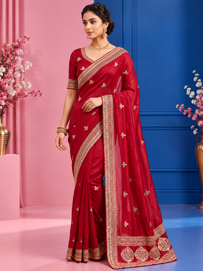 Premium Vichitra Silk Saree with Heavy Zari Sequins Work, Butti & Cutwork Border