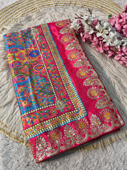 Latest Chinon Digital Print Kalamkari Inspired Saree with Gotapatti Work