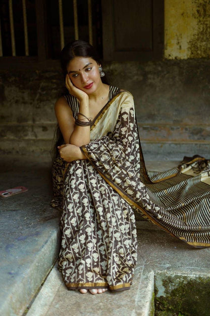Pure Linen Chanderi Saree with Kalamkari Print & Zari Border