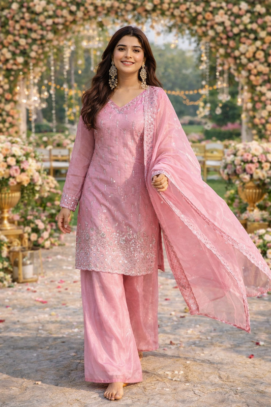 Designer Jimmy Choo Embroidered Suit Set With Palazzo & Dupatta