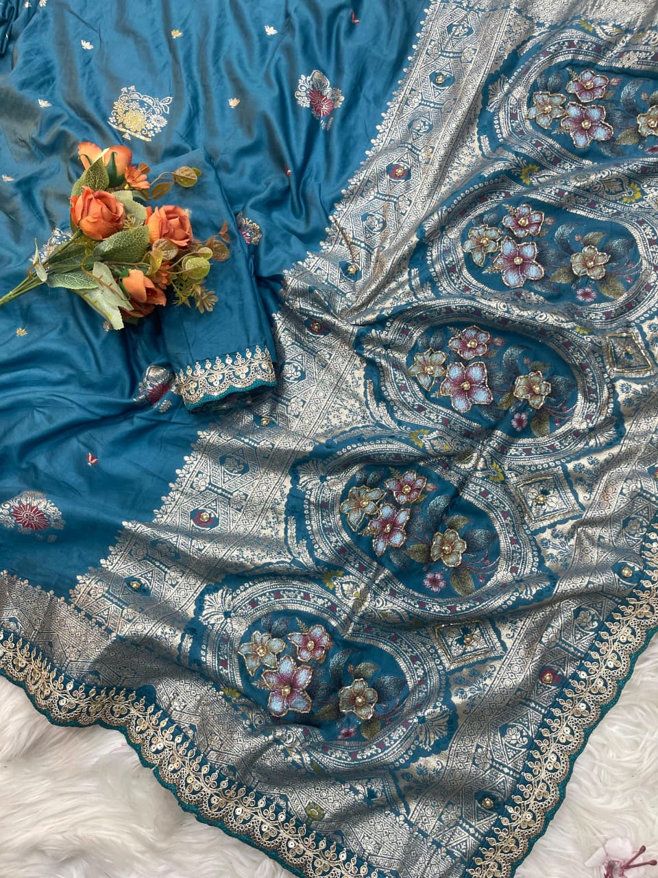 Gulmohar Dola Silk Saree with Zari Weaving & Cutdana Handwork Border