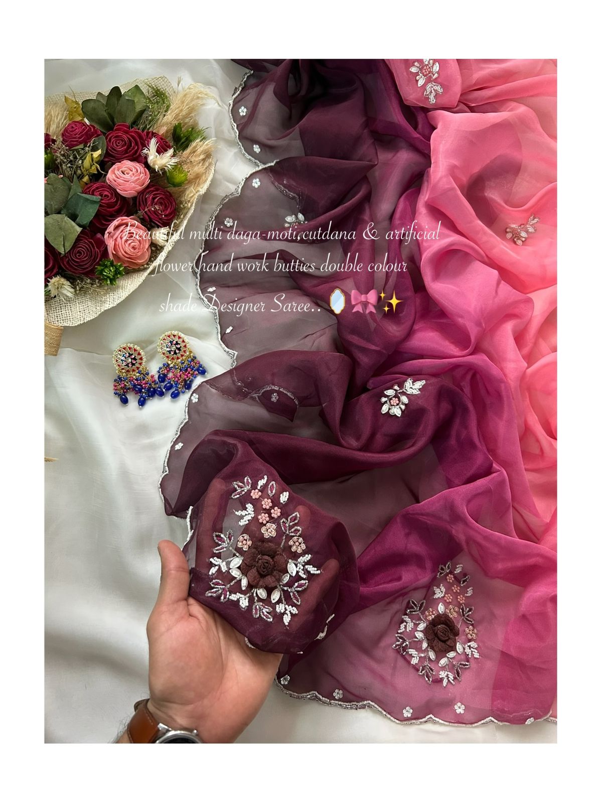 Vrinda Designer Organza Saree With Handwork Butties & Cutdana Border