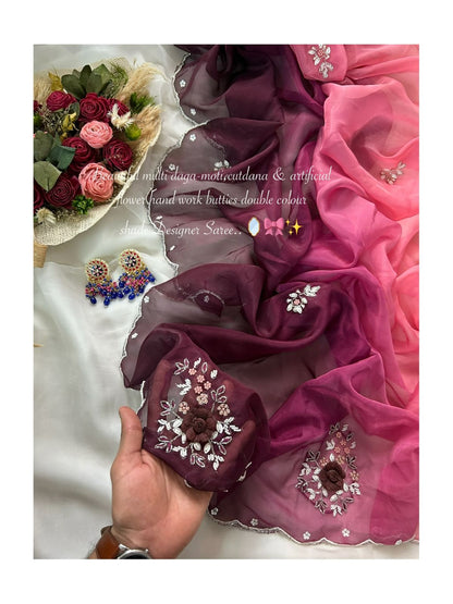 Vrinda Designer Organza Saree With Handwork Butties & Cutdana Border