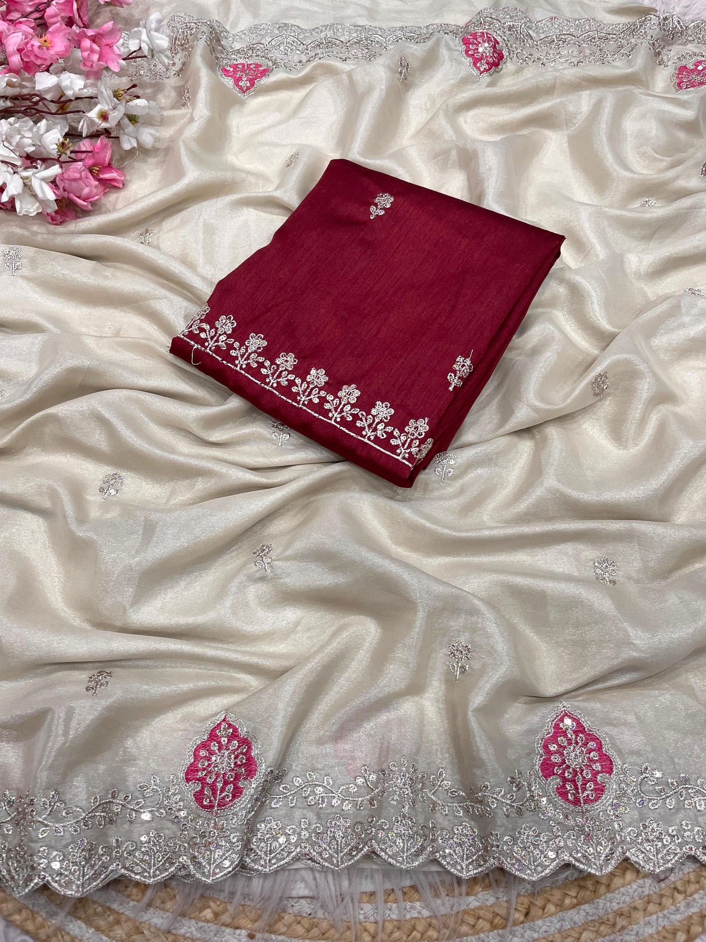 Blooming Chocolate Silk Embroidery Designer Saree With Unstitched Blouse