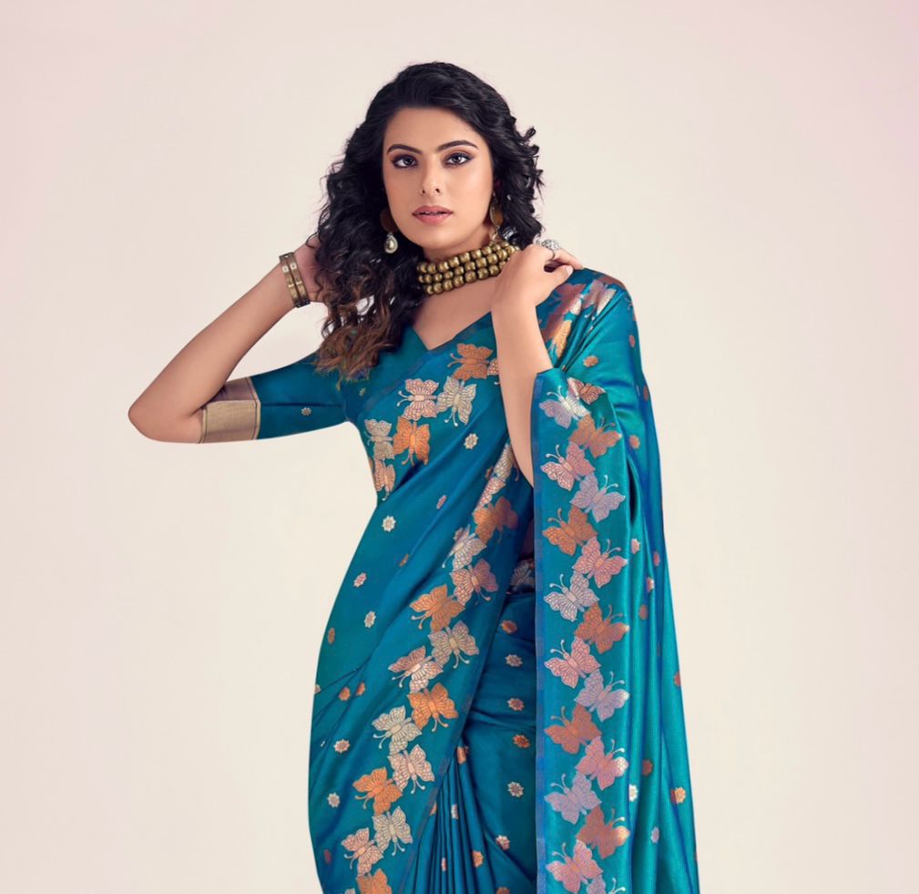 Teal Blue Butterfly Printed Silk Look Saree