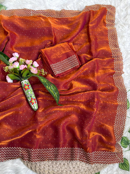 Rihana Two Tone Fendy Satin Saree with Jharkhand Work Border