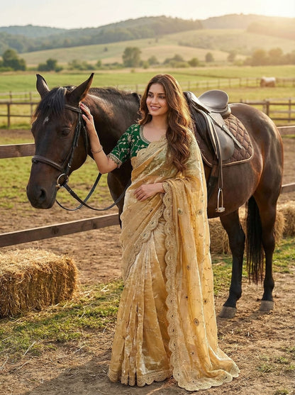 Ananya Soft Satin Silk Embroidery Saree with Heavy Border & Stitched Blouse