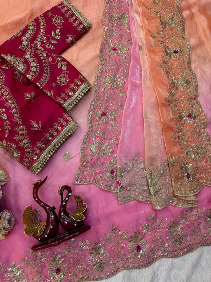 Soft Space Silk Shaded Saree with Hand Mina, Sequins & Zari Embroidery | Full Stitch Blouse