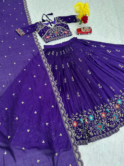 Festival Wear Heavy Embroidery Vichitra Silk Lehenga Choli Set | Red & Purple