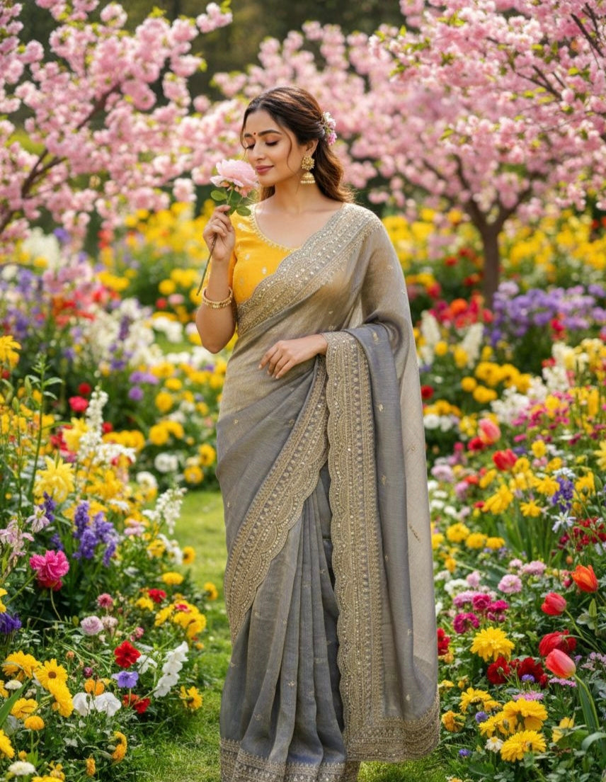 Elegant Space Chiffon Embroidery Saree with Scallop Border