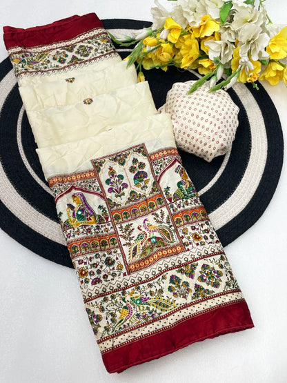 Premium Pure Moss Chiffon Saree with Peacock Floral Print & Mirror Work