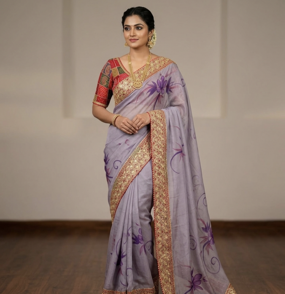 Elegant Floral Printed Saree with Rich Golden Border – Festive Collection