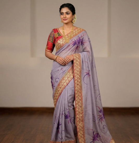 Elegant Floral Printed Saree with Rich Golden Border – Festive Collection