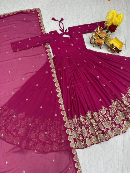 Festival Wear Fox Georgette Embroidered Long Gown with Dupatta (Fully Stitched)