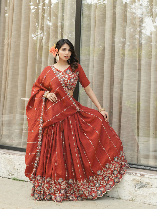 Designer Rust Orange Embroidery Lehenga Set