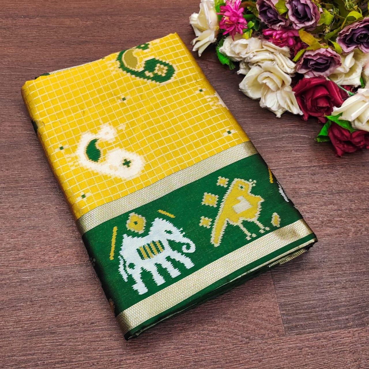 Soft Lichi Printed Saree with Elephant Border