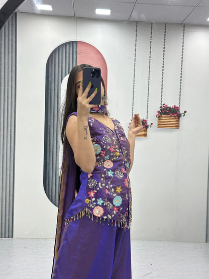 Purple Tissue Embroidery Palazzo Set with Dupatta