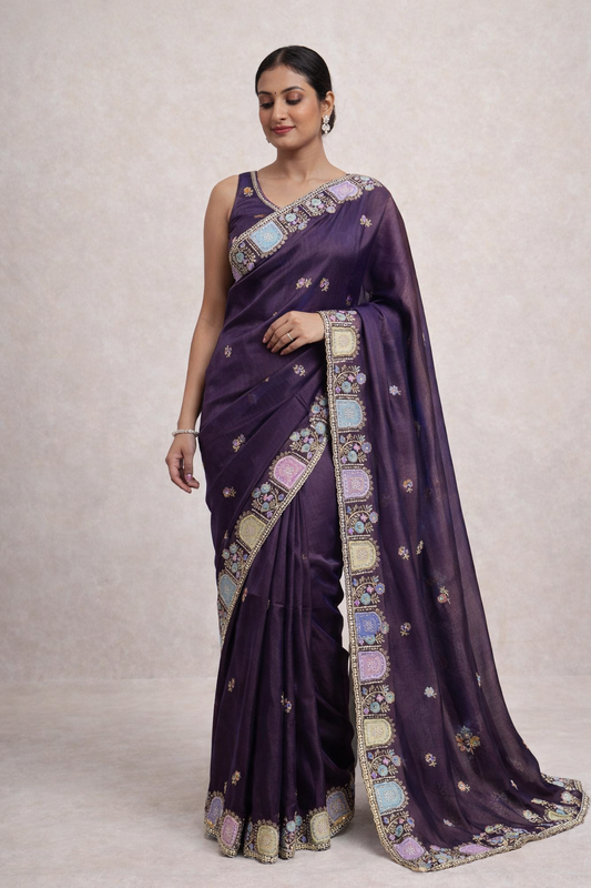 Star Satin Georgette Saree with Thread & Sequins Embroidery Border
