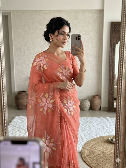 Pure Bari Chiffon Saree with Handwork & Floral Hand Print