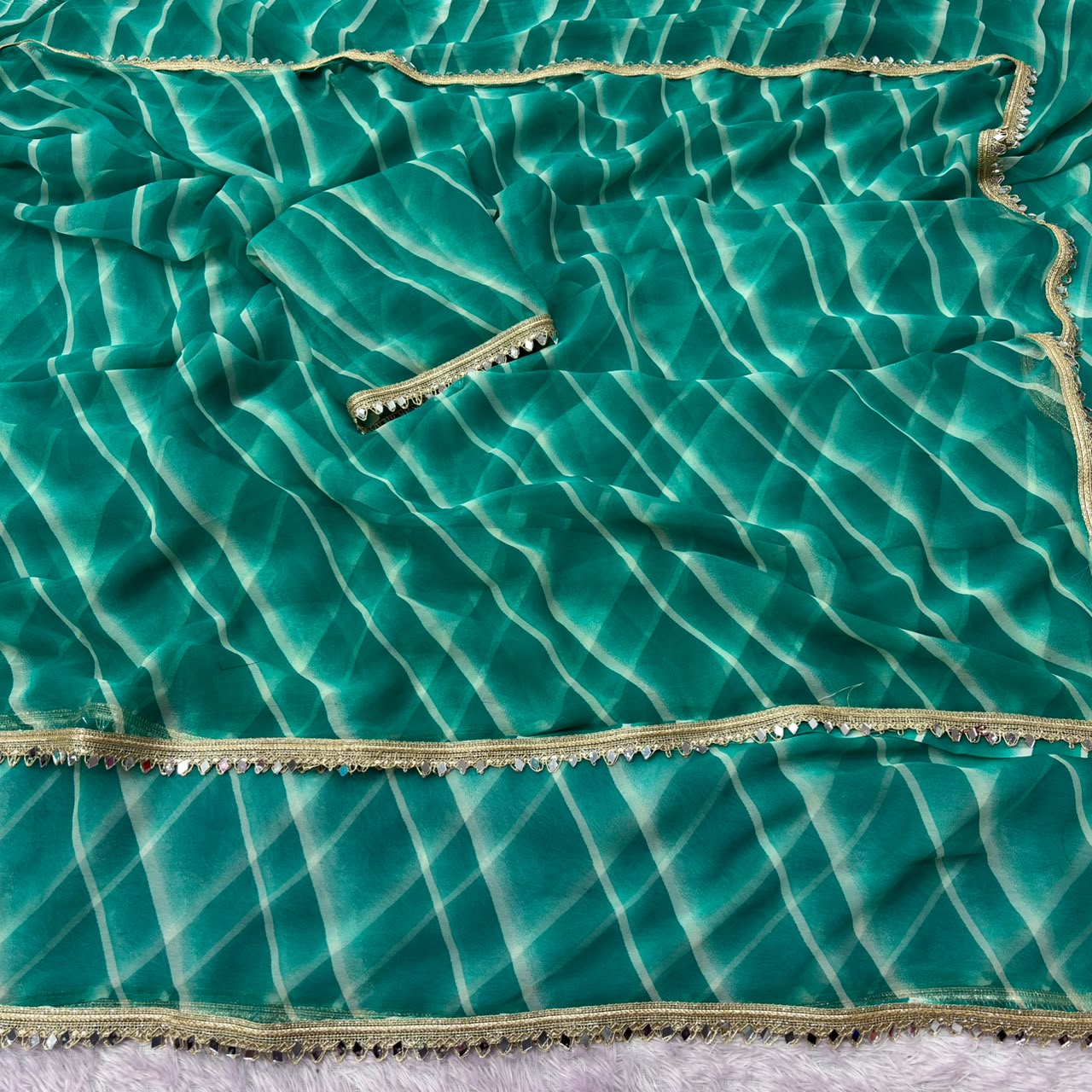 Georgette Leheriya Saree with Mirror Lace Border & Unstitched Blouse | Designer Party Wear Saree