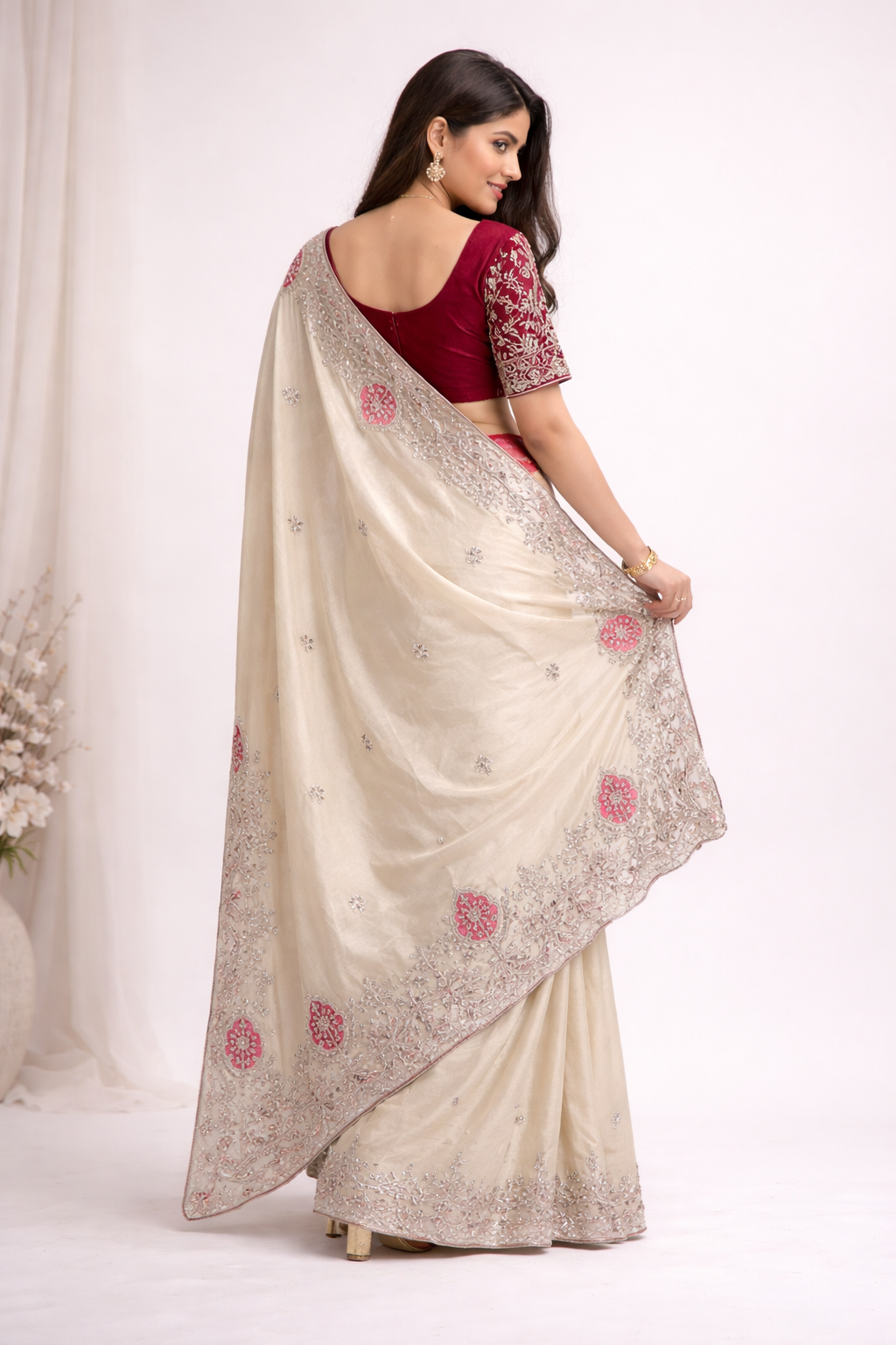 Blooming Chocolate Silk Embroidery Designer Saree With Unstitched Blouse