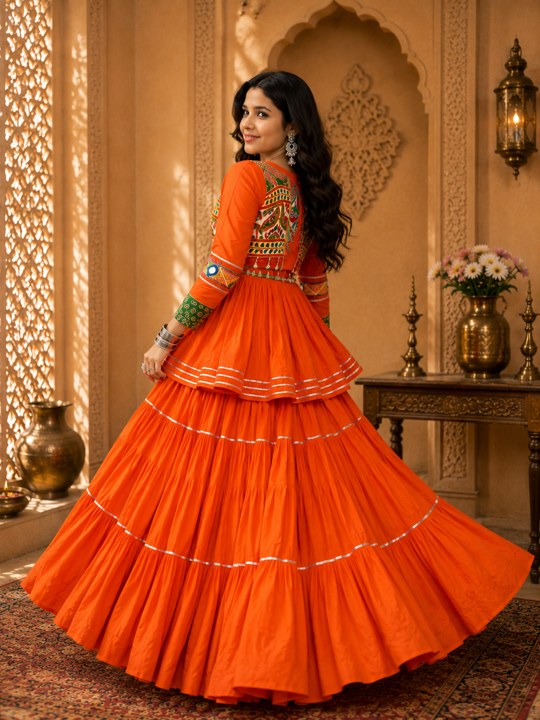 Navratri Gamthi Work Cotton Lehenga Choli with Koti | 9 Meter Flair Mirror Work | Women's Garba Dress
