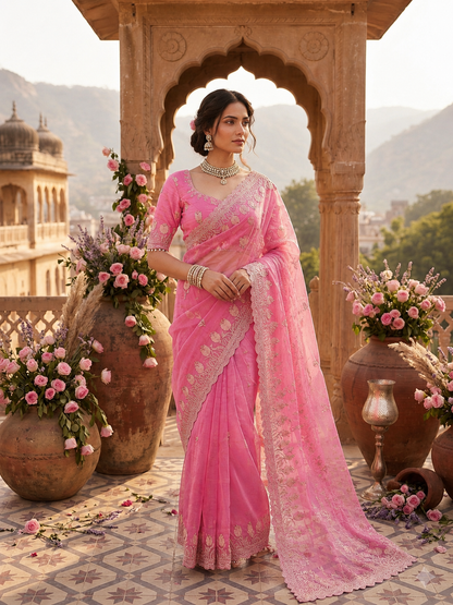 Lotus Soft Fendy Satin Saree With Embroidery Sequence & Thread Work Border
