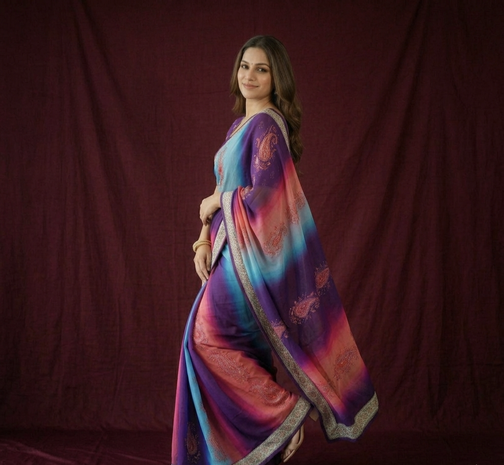 Designer Chinon Digital Print Mirror Work Saree Collection