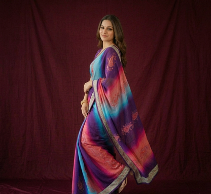 Designer Chinon Digital Print Mirror Work Saree Collection