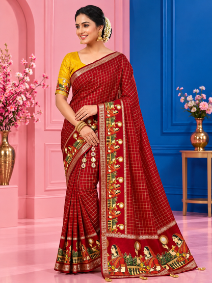Karwa Chauth Special Viscose Checks Saree with Zari & Mirror Work Satin Border